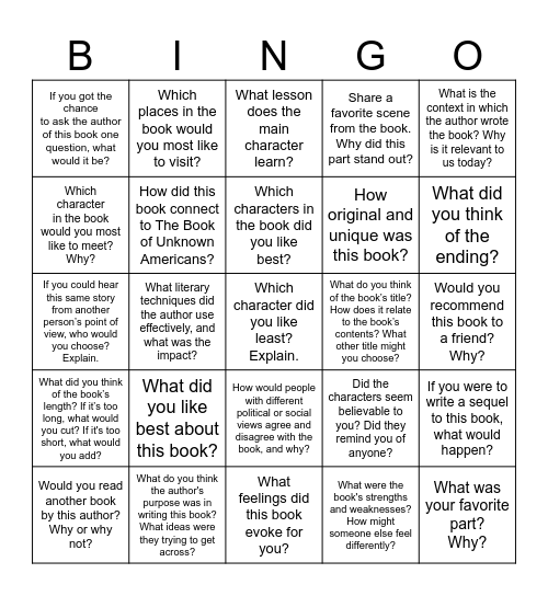 Book Club Bingo Card