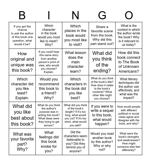 Book Club Bingo Card