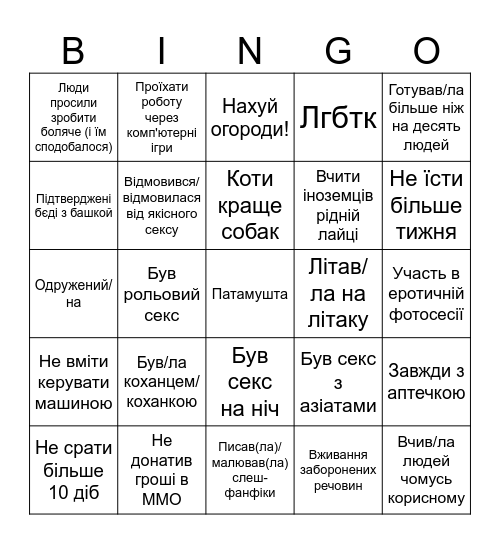 Френкі-Бінго Bingo Card