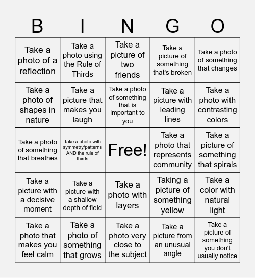 Photography Bingo! Bingo Card