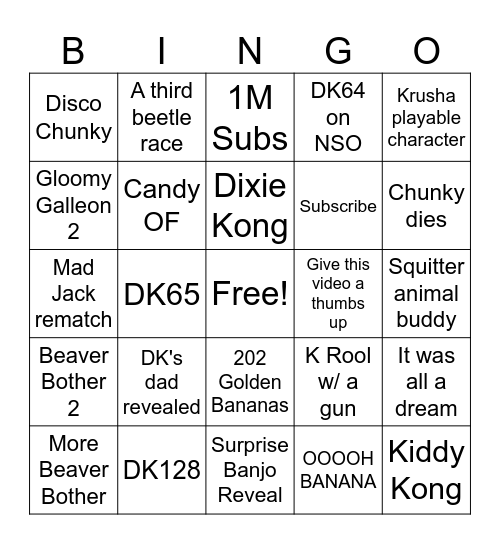 DK64 Bingo Sheet Bingo Card