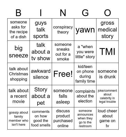 Thanksgiving family diner Bingo Card