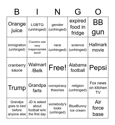 Alabama Thanksgiving '24 Bingo Card