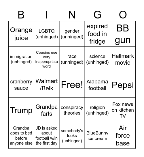 Alabama Thanksgiving '24 Bingo Card