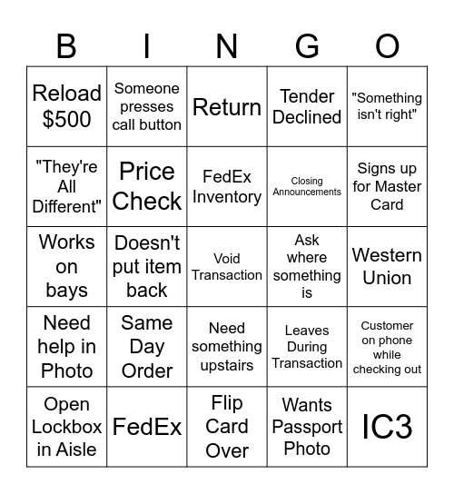 Walgreens Bingo Card