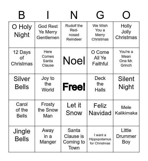 Christmas Music Bingo Card