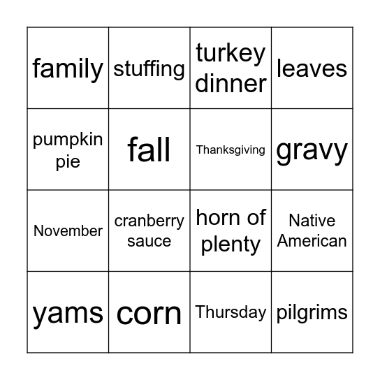 Thanksgiving Bing Bingo Card