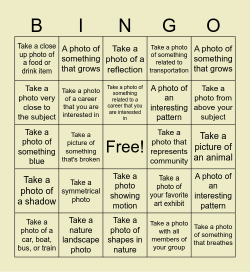 Photography Field Trip Bingo! Bingo Card