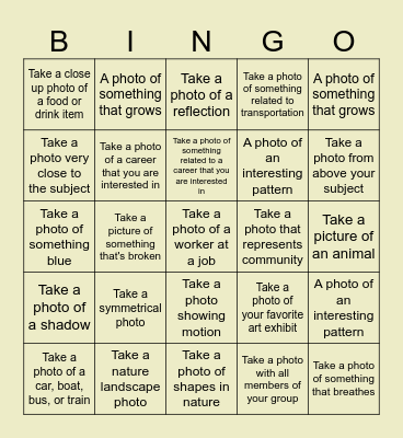 Photography & Career Field Trip Bingo! Bingo Card