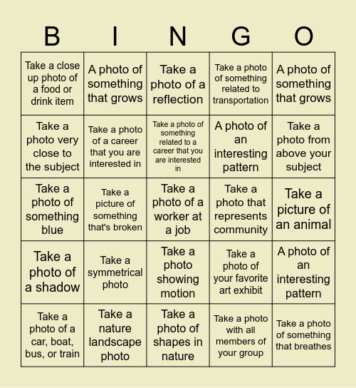 Photography & Career Field Trip Bingo! Bingo Card