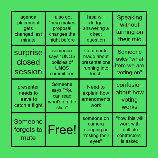 Board Meeting Bingo Card