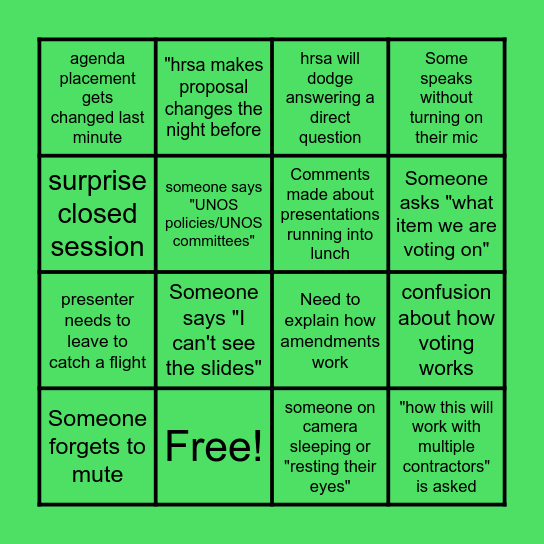 Board Meeting Bingo Card