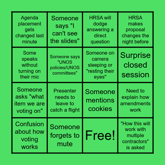 Board Meeting Bingo Card