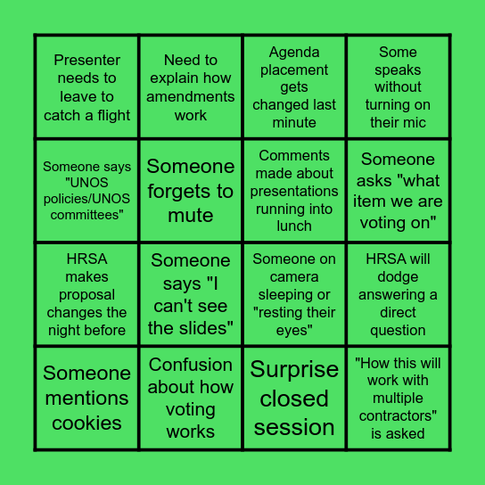 Board Meeting Bingo Card