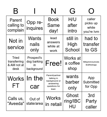 Call Center Bingo Card