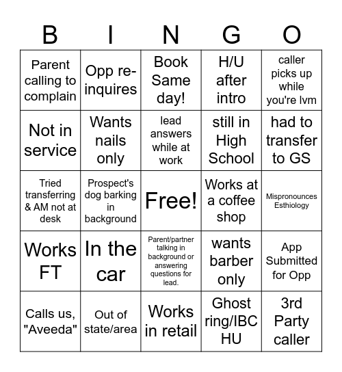 Call Center Bingo Card