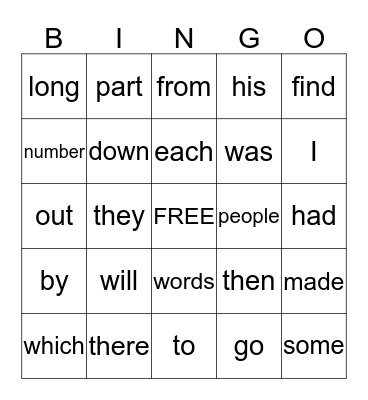 Fry's First 100 Words Bingo Card
