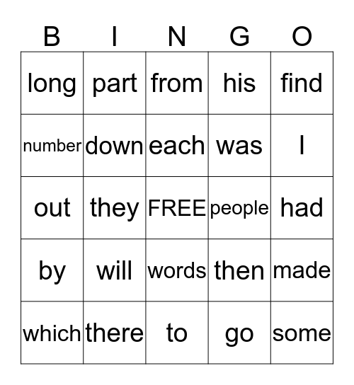 Fry's First 100 Words Bingo Card