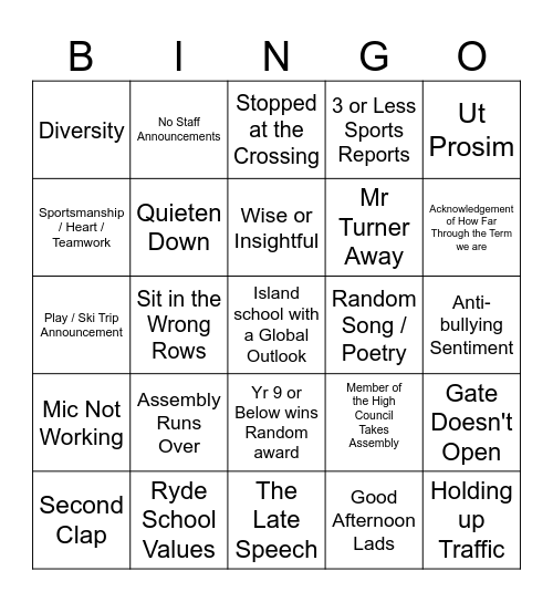 Ryde School Assembly Bingo Card