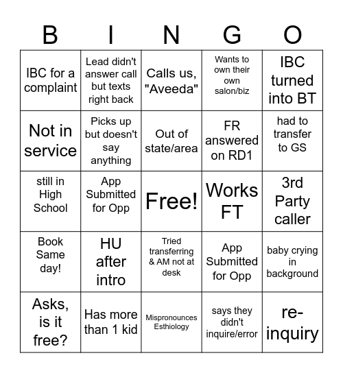 Call Center Bingo Card