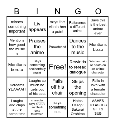 Nicholas Light TV Bingo Card