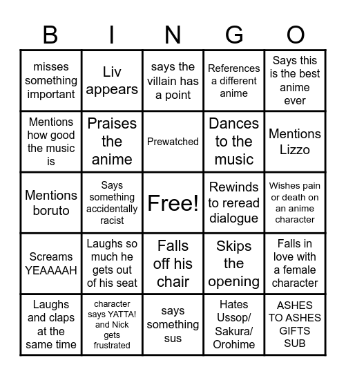 Nicholas Light TV Bingo Card