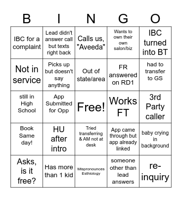 Call Center Bingo Card