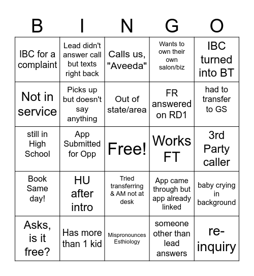 Call Center Bingo Card