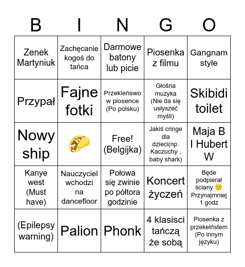 Dyskoteka szkolna Bingo Card