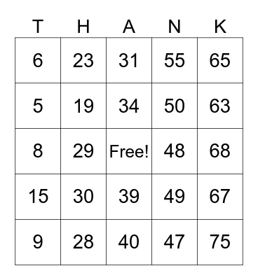 Thanksgiving BINGO Card