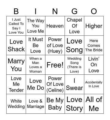 Wedding Songs Bingo Card