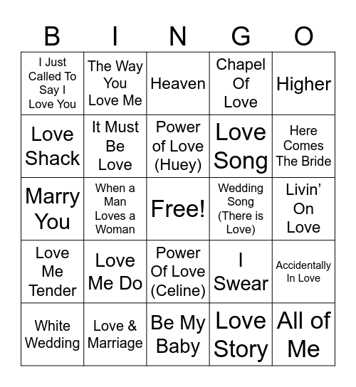 Wedding Songs Bingo Card