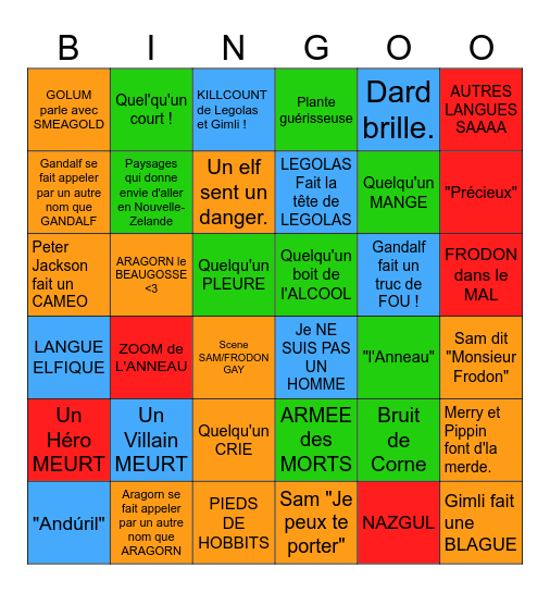 Le seigneur des anneaux: Le retour du roi Bingo Card