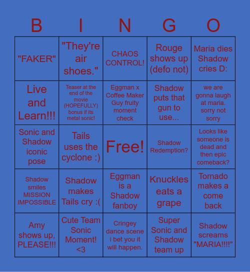 Sonic The Hedgehog 3 Movie Predictions Bingo Card