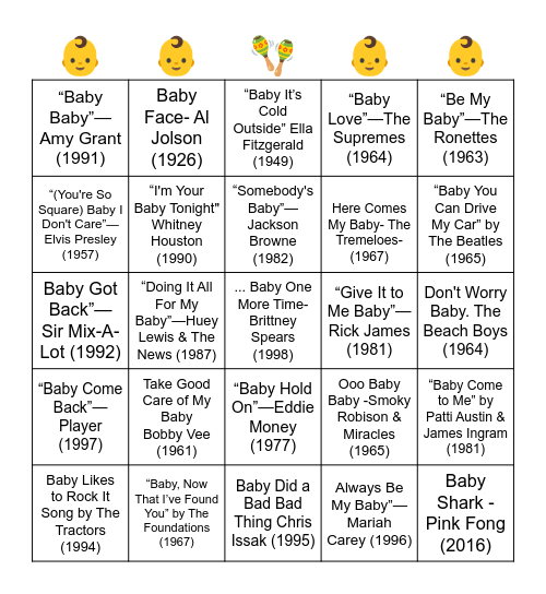 SONGS WITH BABY IN THE TITLE Bingo Card