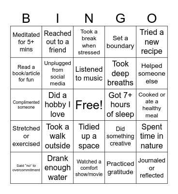 Self-Care BINGO Card
