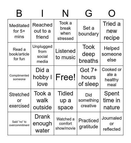 Self-Care BINGO Card