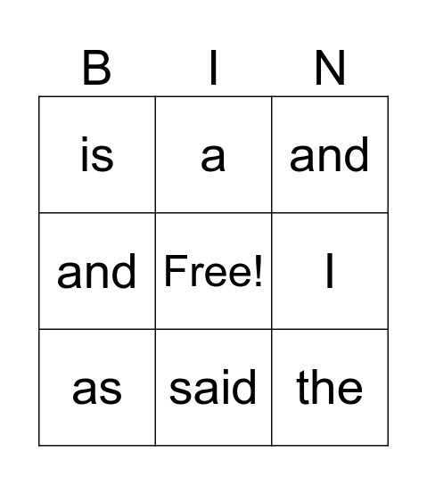 Heart word Bingo Card