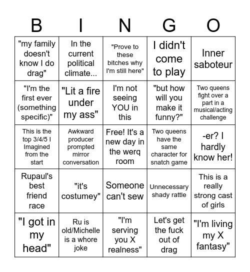 Rupaul Bingo Card