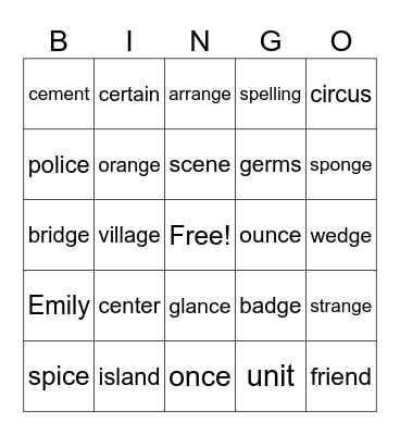 Spelling Unit 3 Bingo Card