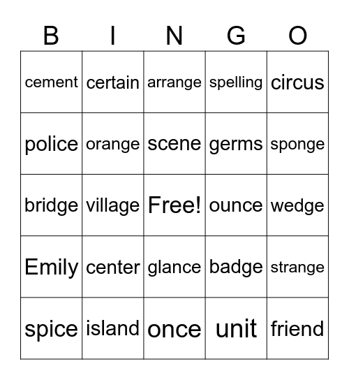 Spelling Unit 3 Bingo Card