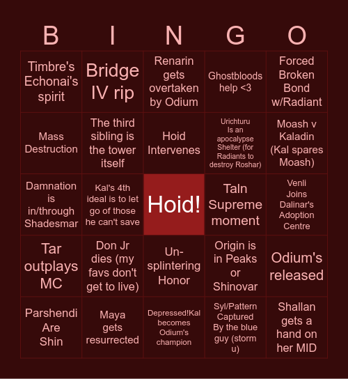 Rhythm of War Bingo Card