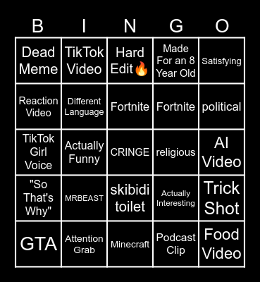 YouTube Shorts Bingo Card