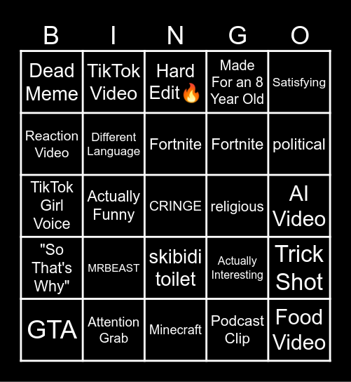 YouTube Shorts Bingo Card