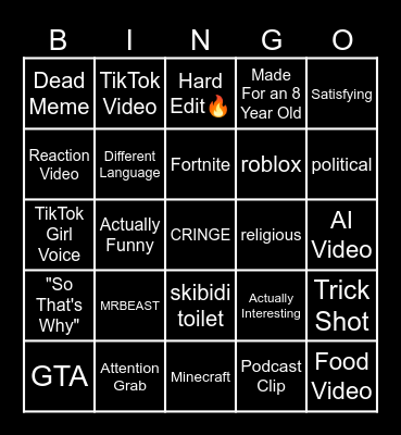 YouTube Shorts Bingo Card