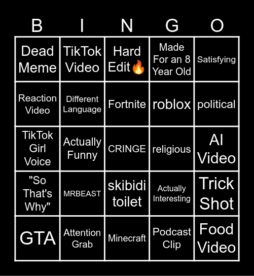 YouTube Shorts Bingo Card