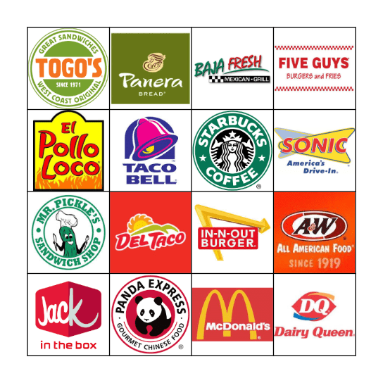 FAST FOOD Bingo Card