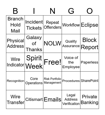 Spirit Week Bingo Card