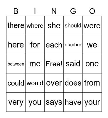 Sight Word Bingo Card