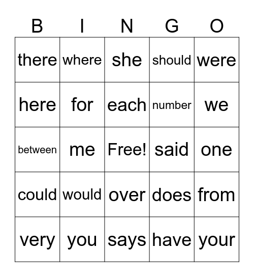 Sight Word Bingo Card